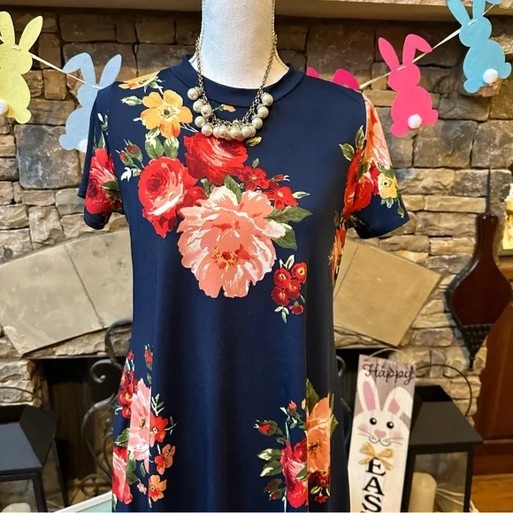 NWOT Flamingo Urban Navy Blue Floral Print Midi Dress Size Medium - Picture 2 of 8